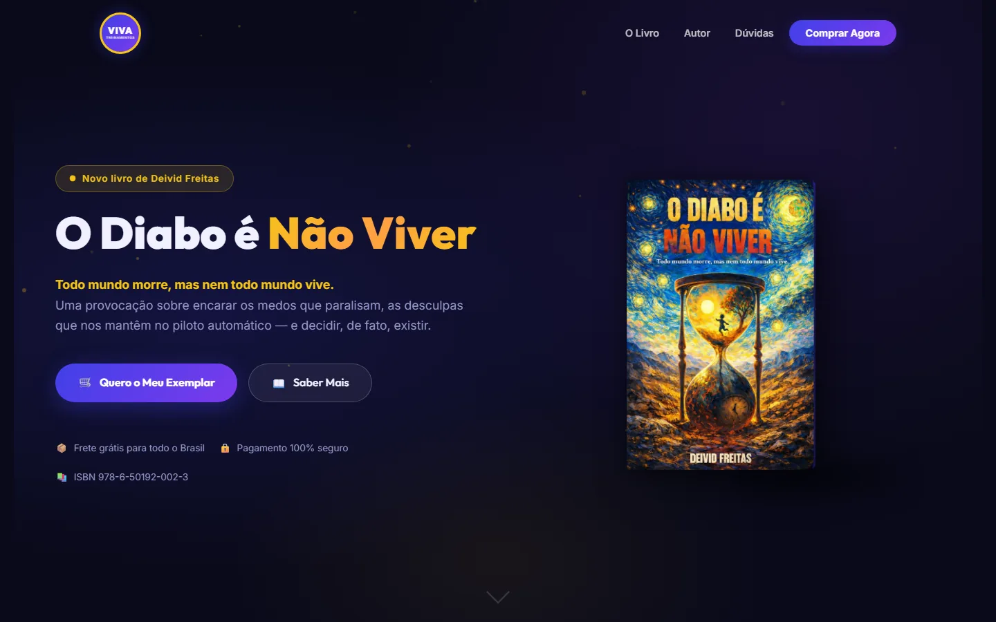 Landing page do livro O Diabo é Não Viver, com a capa do livro, o título e os botões de compra.
