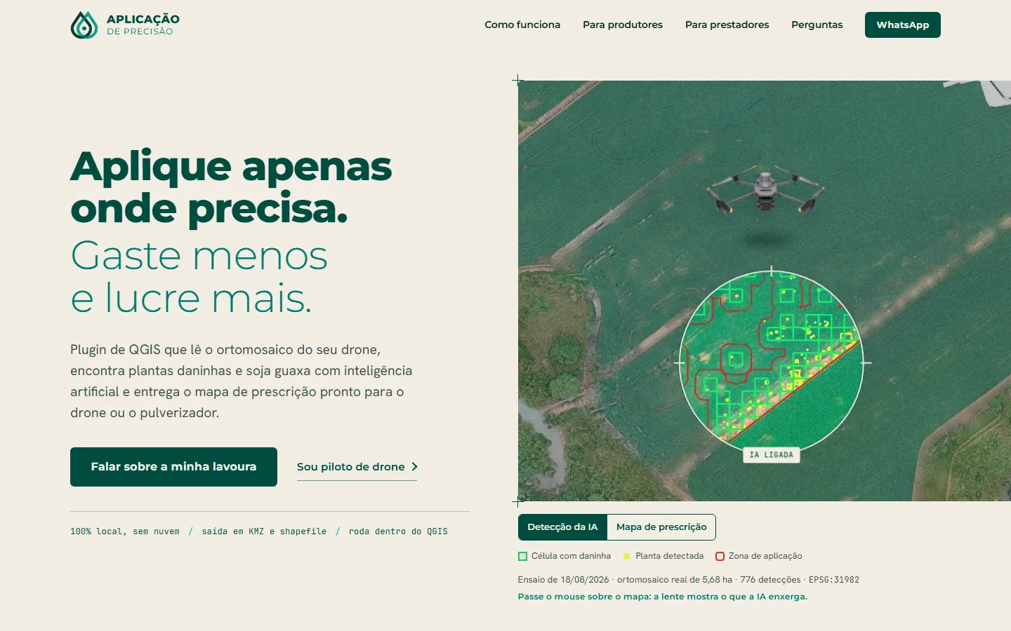 Landing page do plugin Aplicação de Precisão, com imagem de drone sobre uma lavoura de soja e a detecção de plantas daninhas por IA.