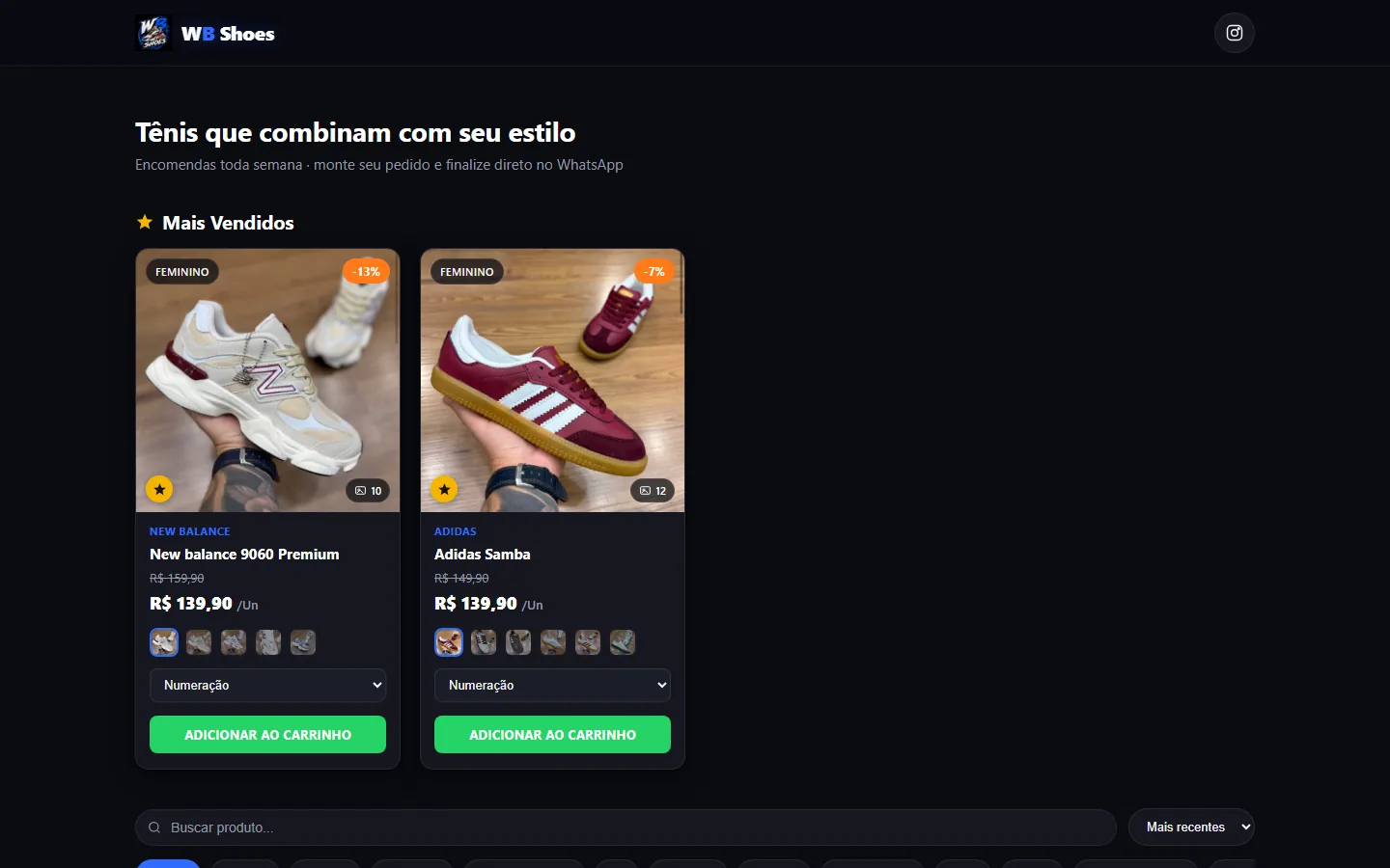 Site WB Shoes com os tênis mais vendidos, preços, opções de numeração e botão de adicionar ao carrinho.
